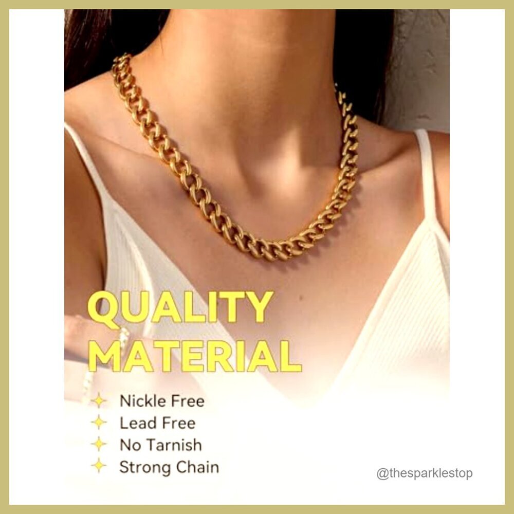 Chunky Gold Plated Stainless Steel Cuban Link Choker Necklace - Picture 2 of 7